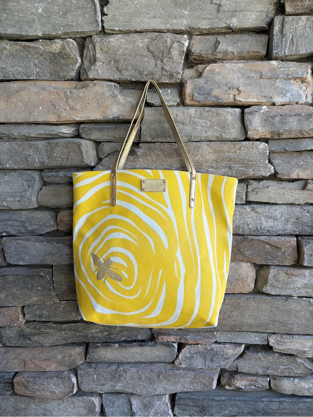 RARE kate spade Queen Bee Bon Shopper Tote Yellow Swirl Rose Gold Canvas Beach